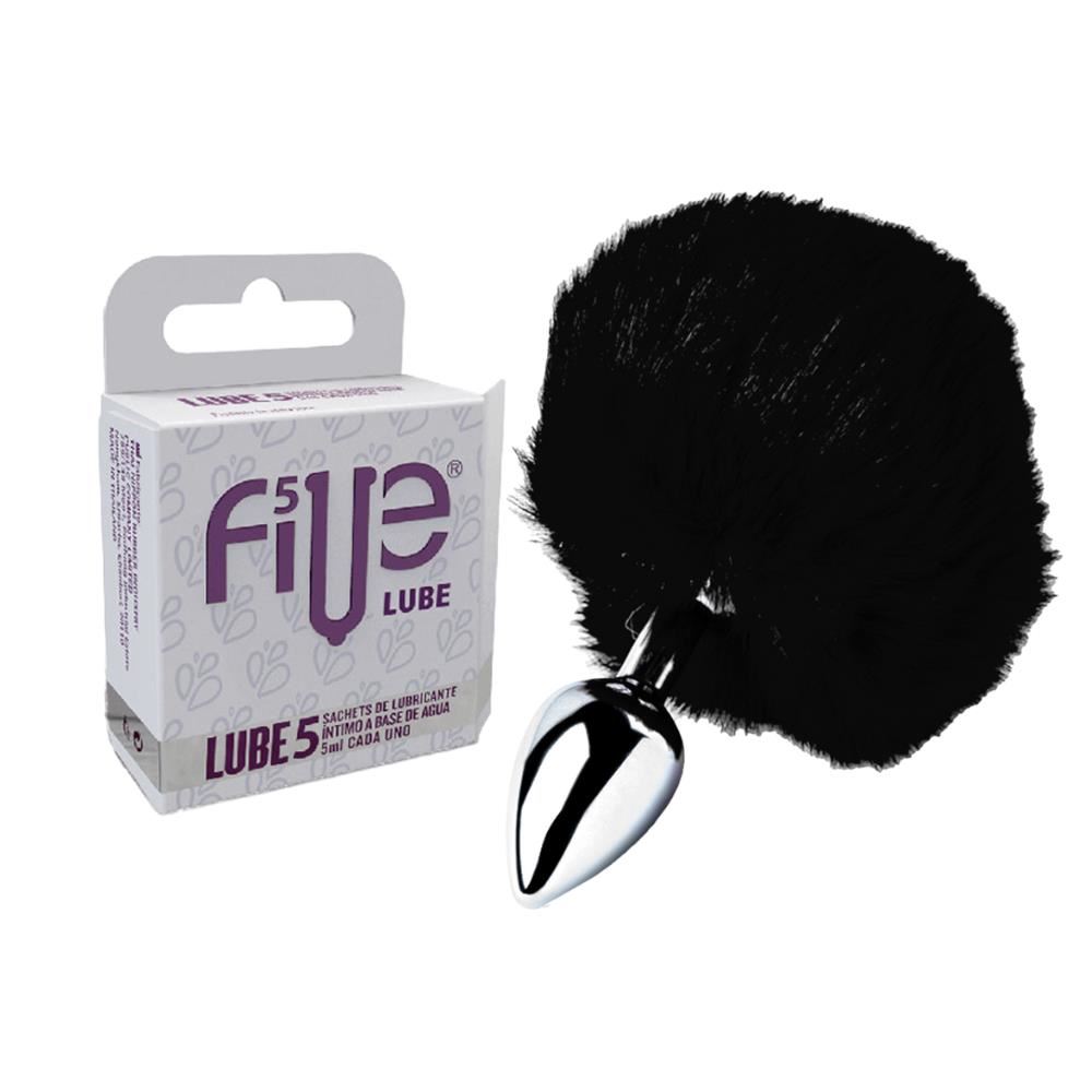 Plug Anal Conejo Dilatador Pompón Negro + Lubricante Five 05 Sachets